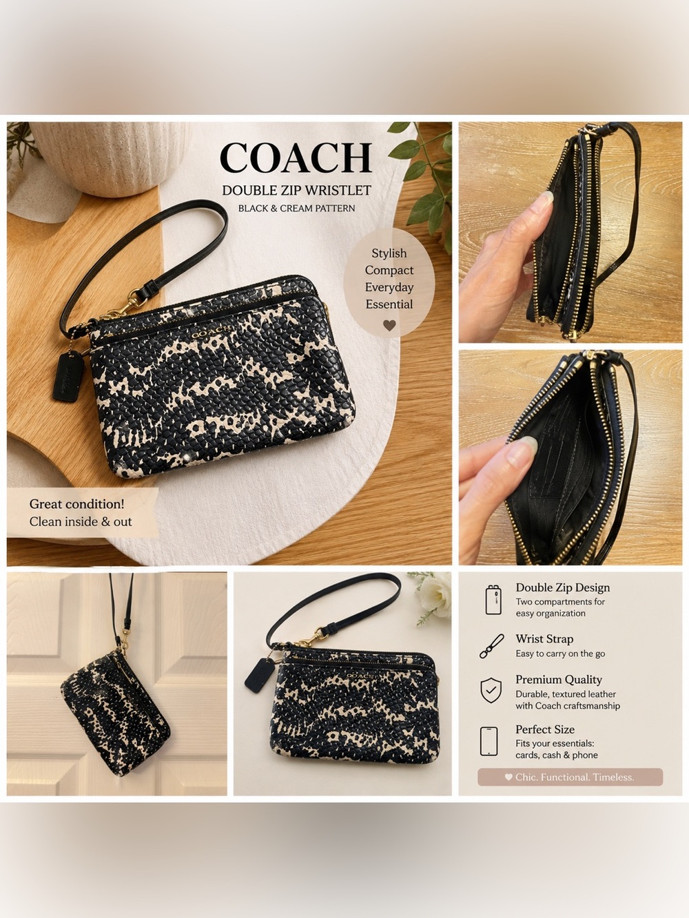 Coach Black & White Snake-Print Wristlet with Gold Hardware